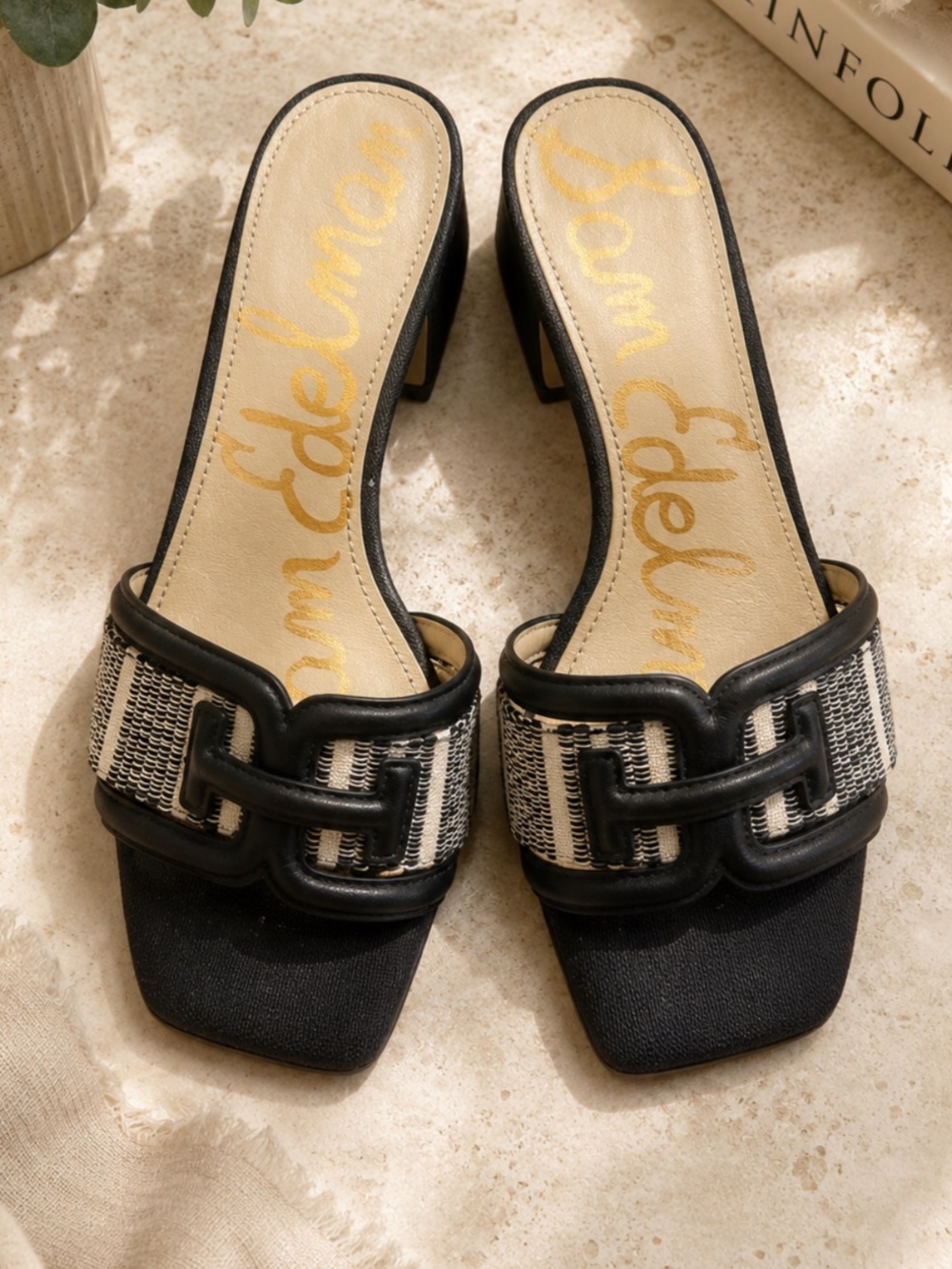Sam Edelman Waylon Black White Woven Square Toe Slide Heels